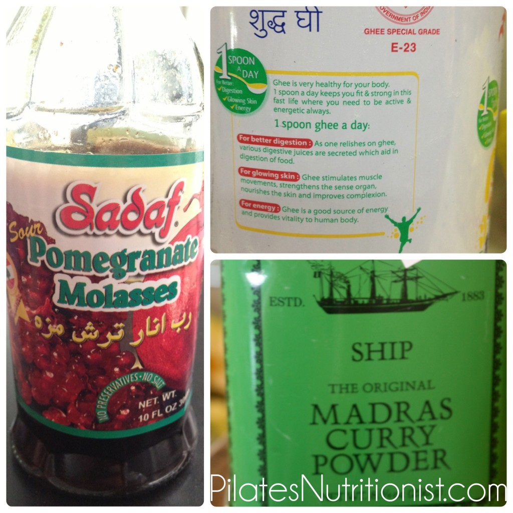 Pomegranate molasses adds a necessary sweet-tart flavor. Ghee is widely touted as a health food in India, as seen on this label (very different from our American view on things). And finally, this is my favorite medium heat curry powder, Madras.