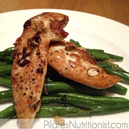 ginger chicken with blistered green beans and caramelized onions